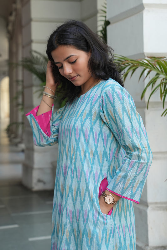 Handcrafted Pastel Ikat Long Cotton Dress