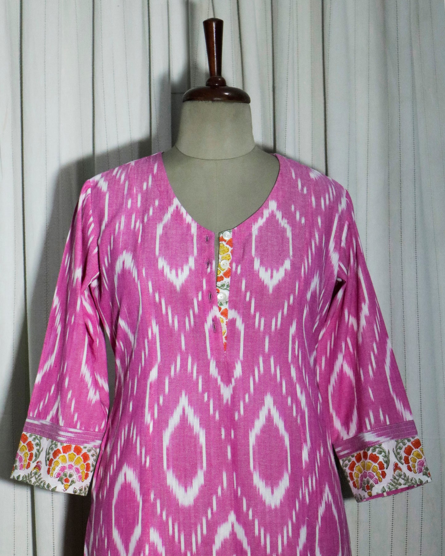 Handwoven Pink Ikat A-Line Kurta with Princess Cut & Side Pockets
