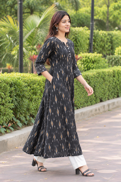 Black Handloom Ikat Flared Cotton Dress