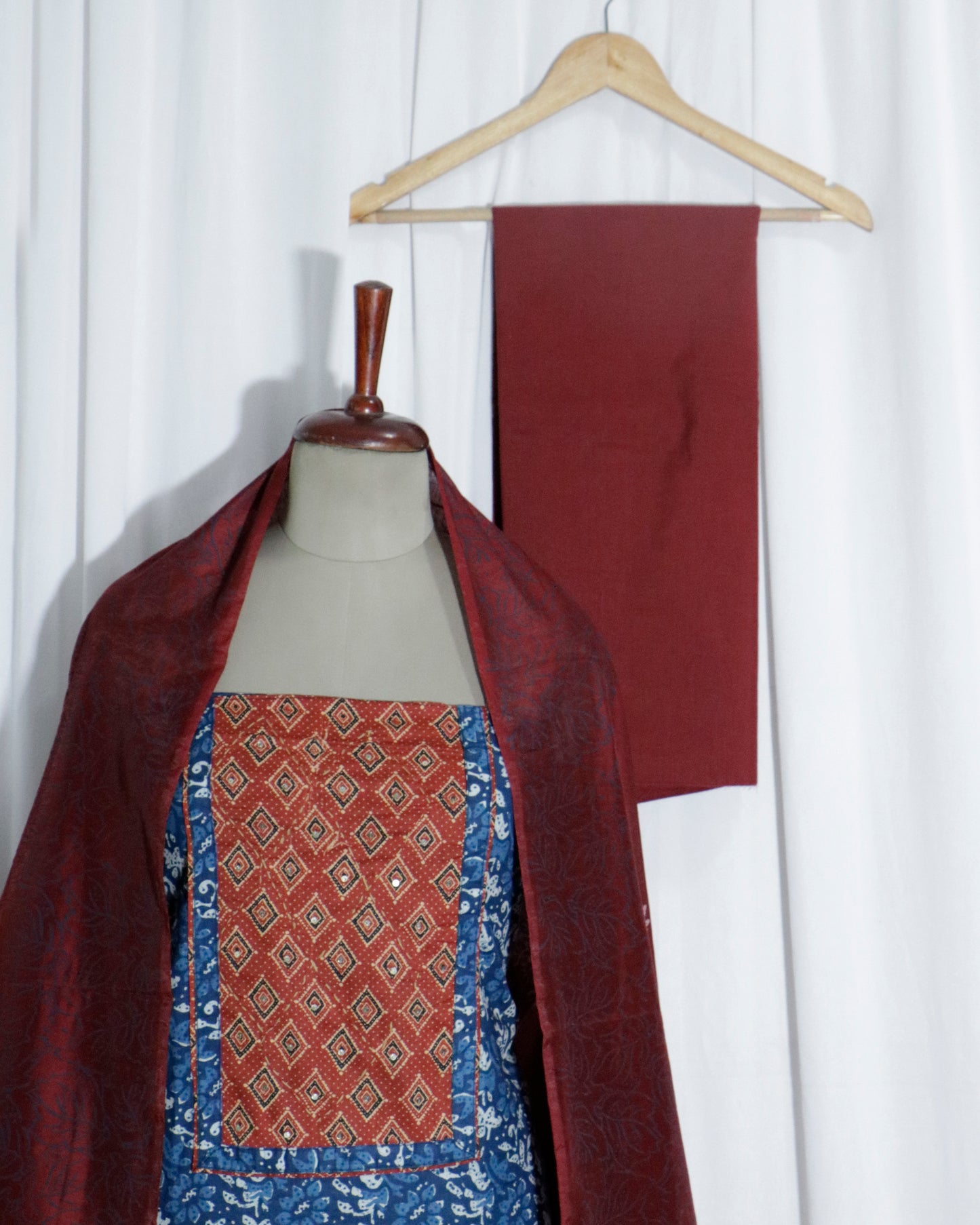 Indigo Handprinted printed cotton Unstitched 3 Piece Suit Set