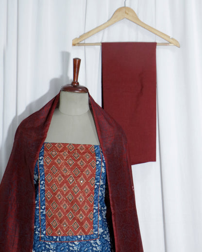 Indigo Handprinted printed cotton Unstitched 3 Piece Suit Set