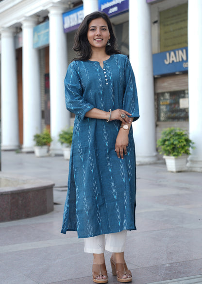 Ocean Blue Handwoven Ikat Cotton Straight Kurta for Women