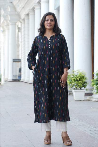 Handloom Black Ikat Straight Kurta for Women – Multicolor Woven Cotton Kurta
