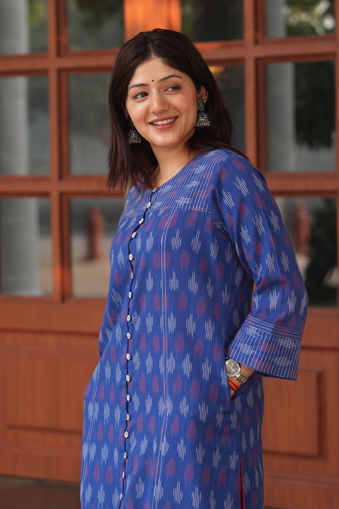Blue Handloom Ikat Cotton Kurta for Women – Soft, Breathable & Everyday Wear