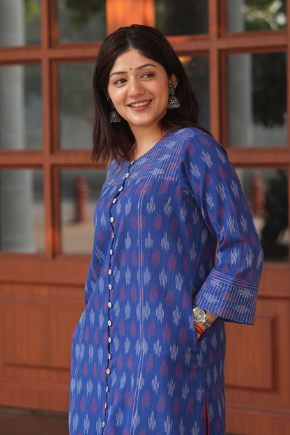 Blue Handloom Ikat Cotton Kurta for Women – Soft, Breathable & Everyday Wear