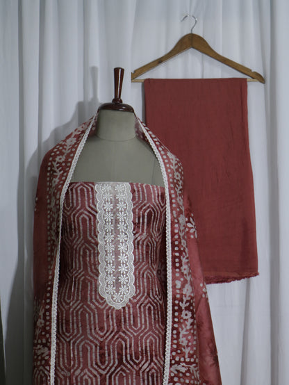 Batik Handprinted Brick colour 3 piece Silk suit set
