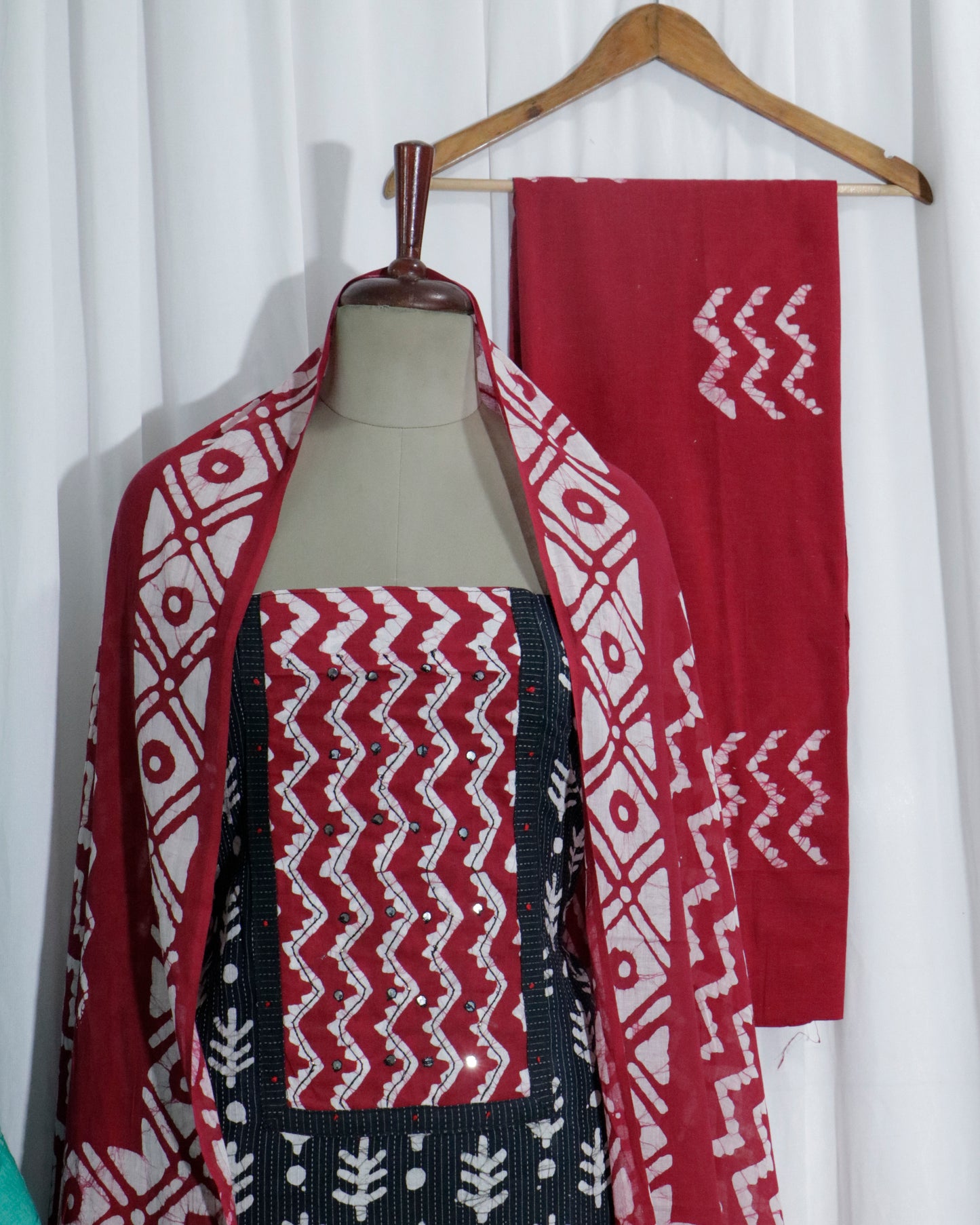 Batik Handprinted Kantha Stitched 3 piece suit set