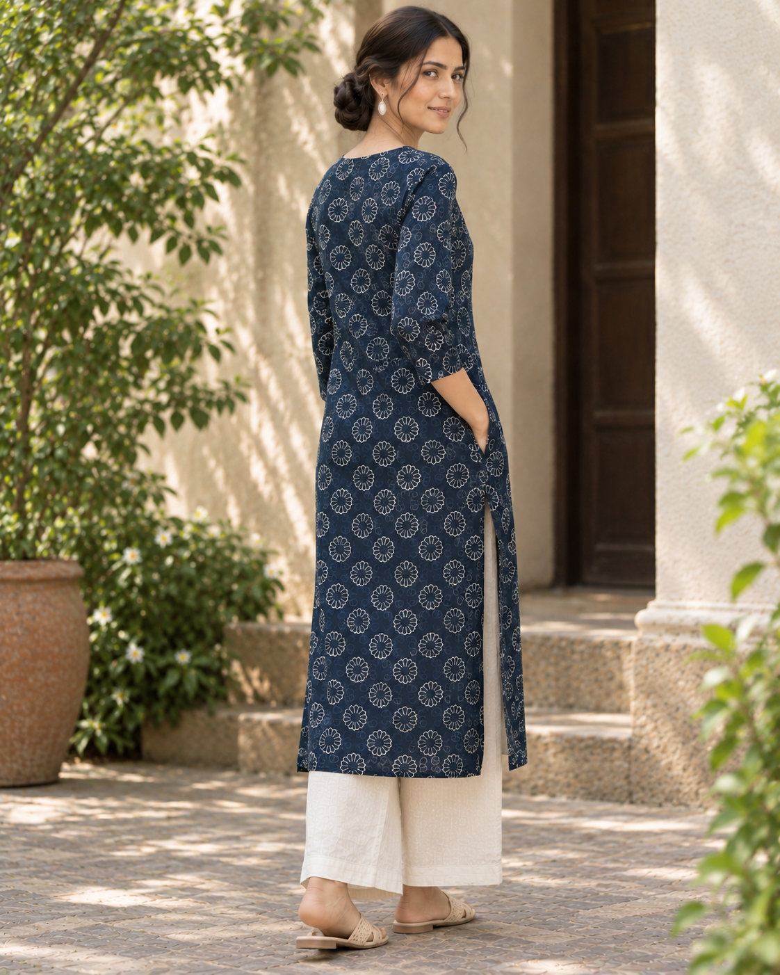 Navy Blue Floral Dabu Hand Block Printed Cotton Straight Kurta