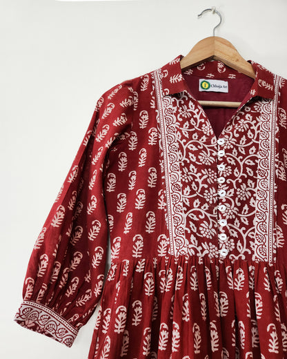 Gulbagh, rust-coloured layer dress made entirely of cotton Bagh print fabric