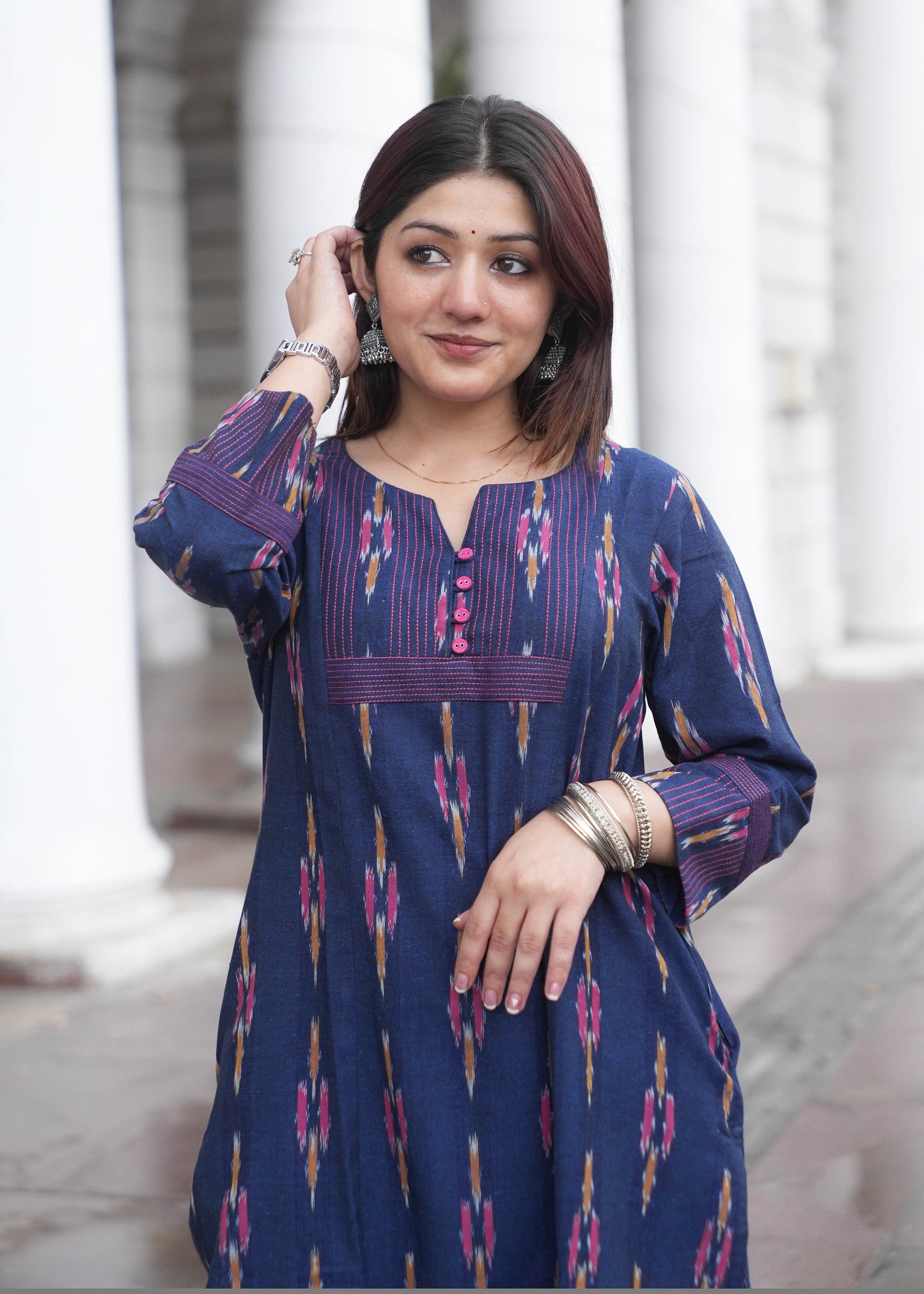 Indigo Handloom Ikat A-Line Kurta with Button Neck & Side Pockets