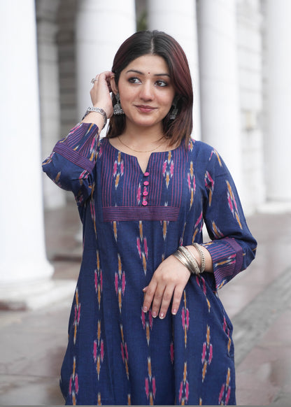 Indigo Handloom Ikat A-Line Kurta with Button Neck & Side Pockets