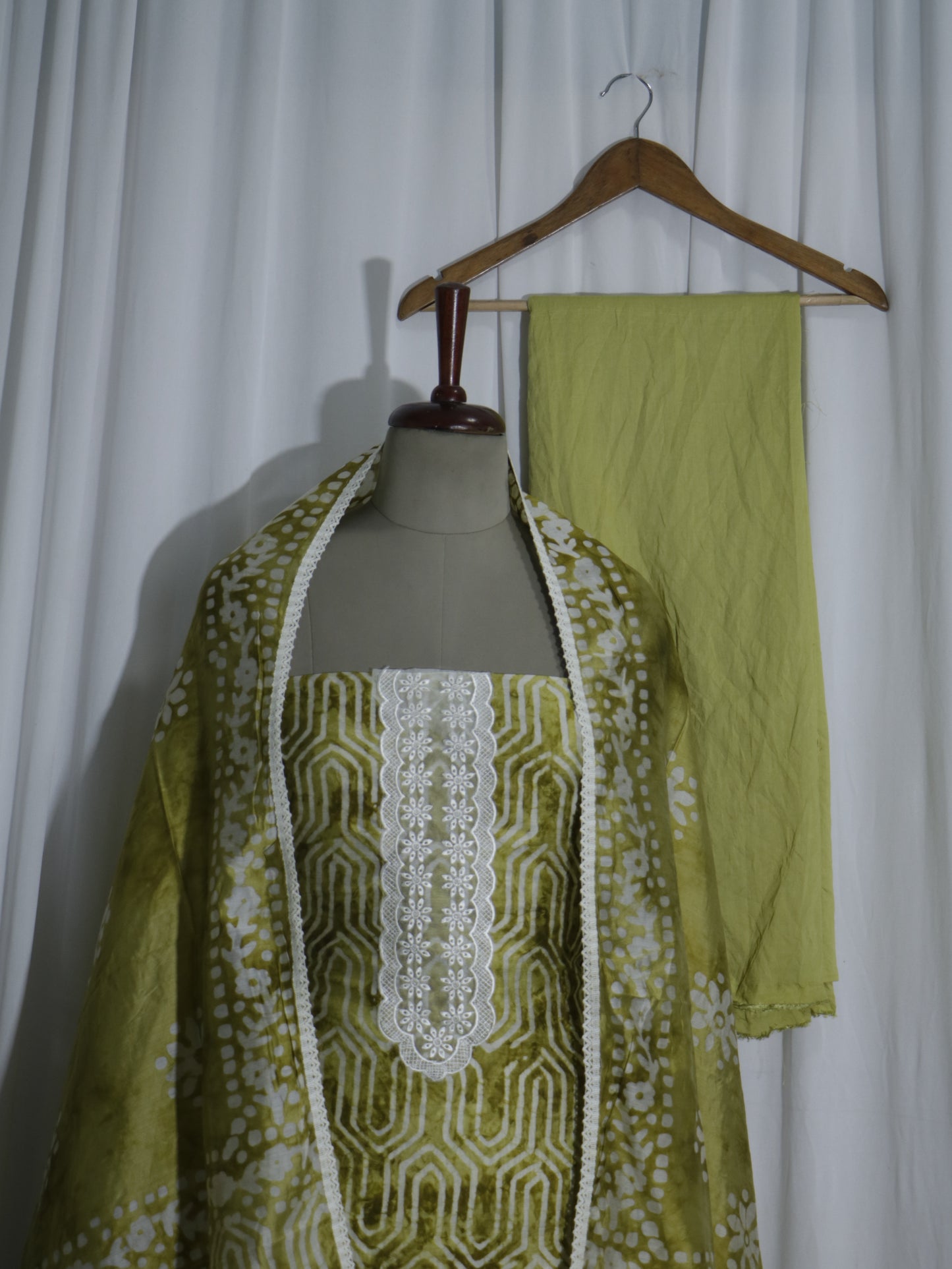 Batik Handprinted Green colour 3 piece Silk suit set