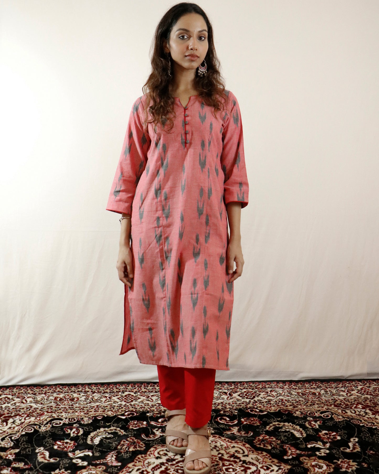 Brick Blossom Ikat Suit Set – Brick kurta with red pant & shaded dupatta (brick-red)