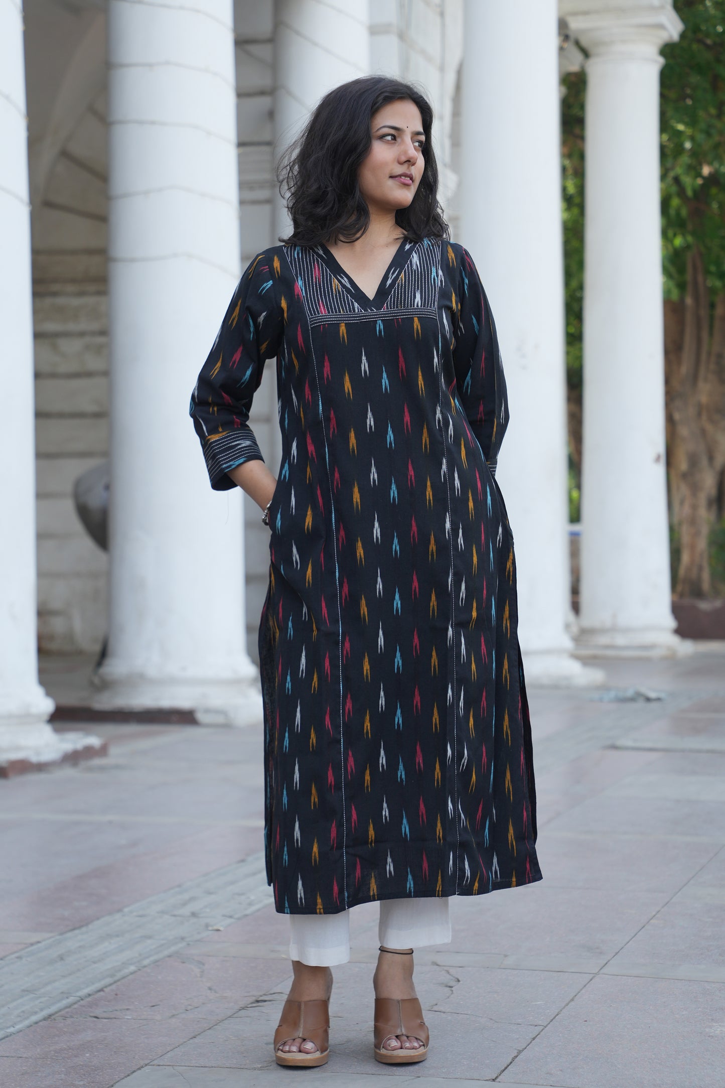 Black Handloom Ikat Cotton Kurta