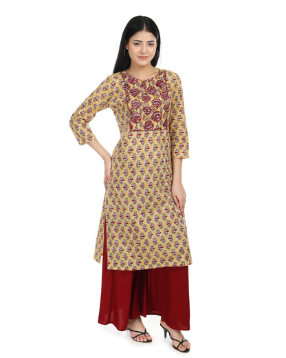 Mustard coloured  cotton handblocked straight fit cotton kurta