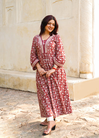 Maroon- Bagh handprinted dress with bell sleeves & pocket both side
