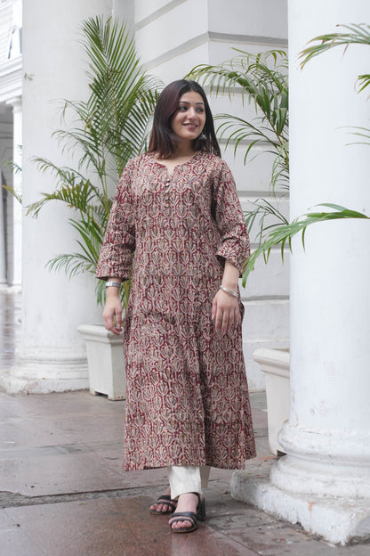 Rust Maroon Handcrafted Kalamkari A-Line Kurta