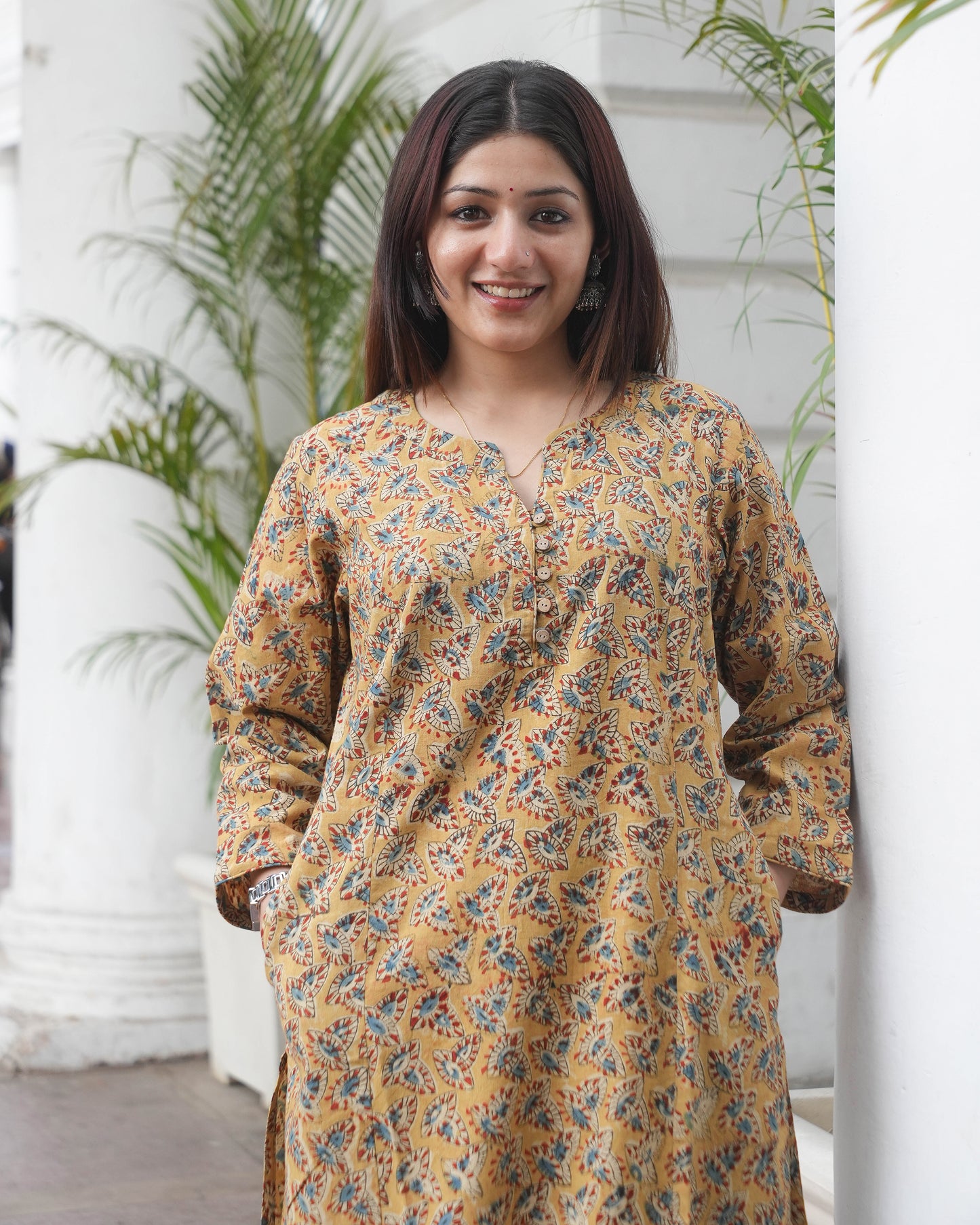 Handblock kalamkari Leaf Print Cotton Kurta  – Mustard Ethnic Everyday Wear