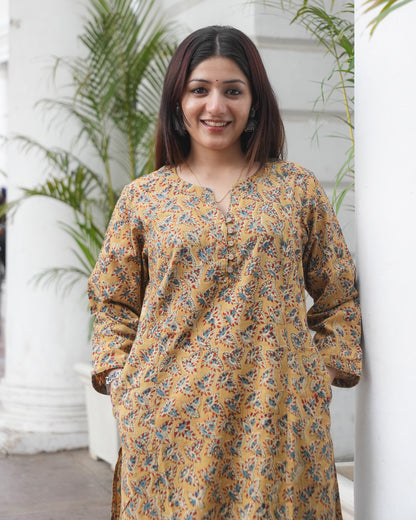 Handblock kalamkari Leaf Print Cotton Kurta  – Mustard Ethnic Everyday Wear