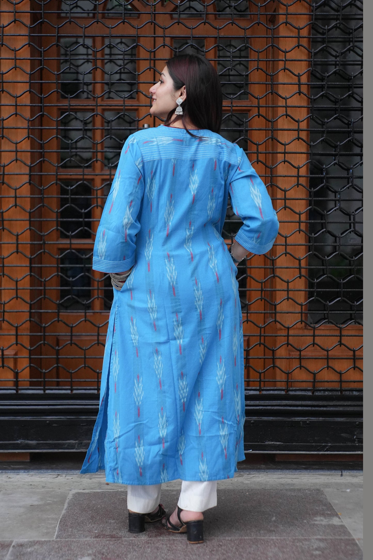 Sky Blue Handloom Ikat Front Open A-Line Kurta