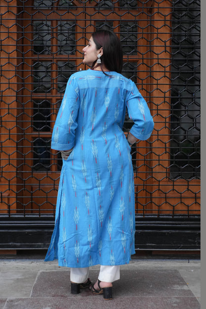 Sky Blue Handloom Ikat Front Open A-Line Kurta