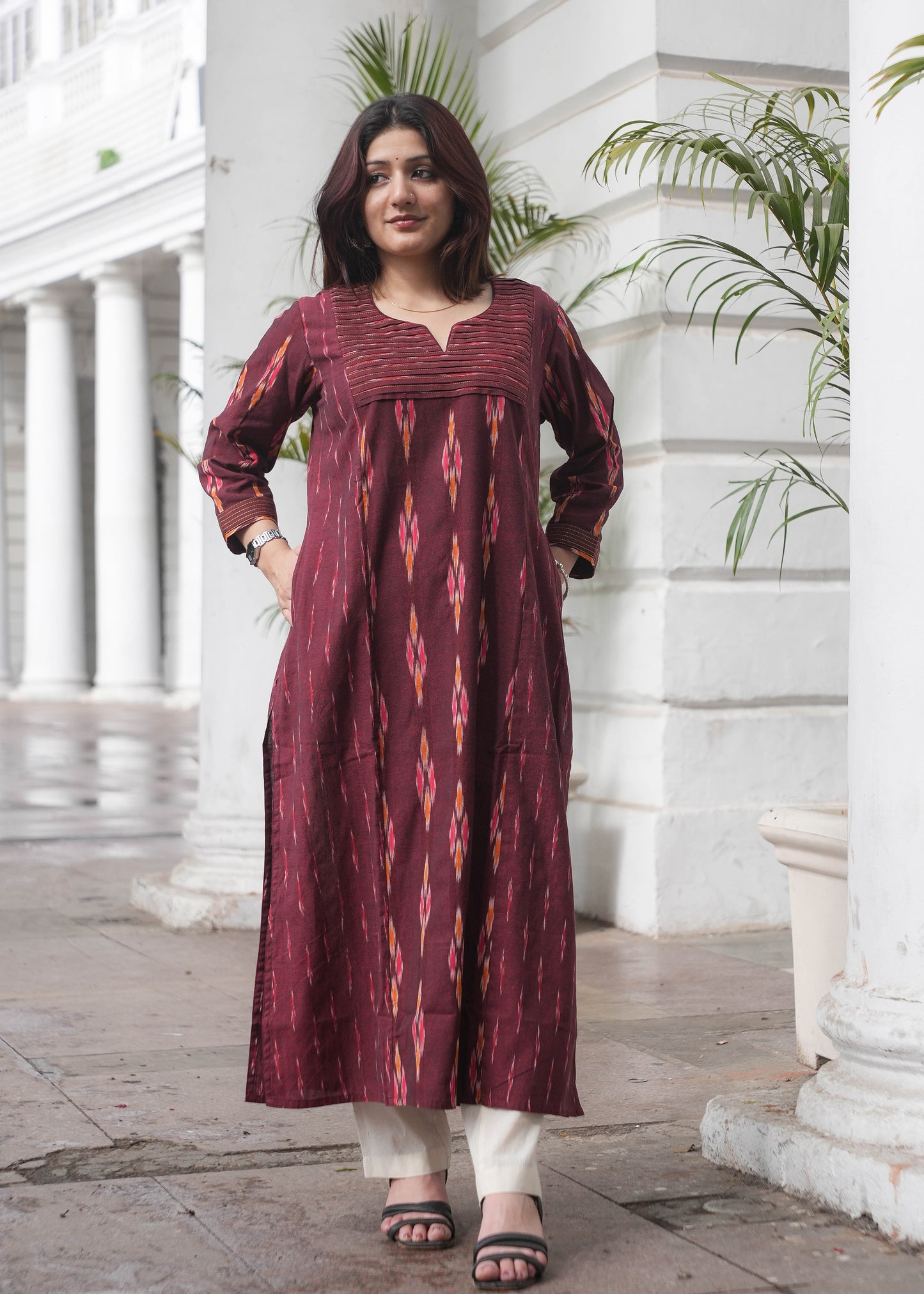 Maroon Handloom Ikat Princess Cut Kurta with Dual Print Design & Side Pockets