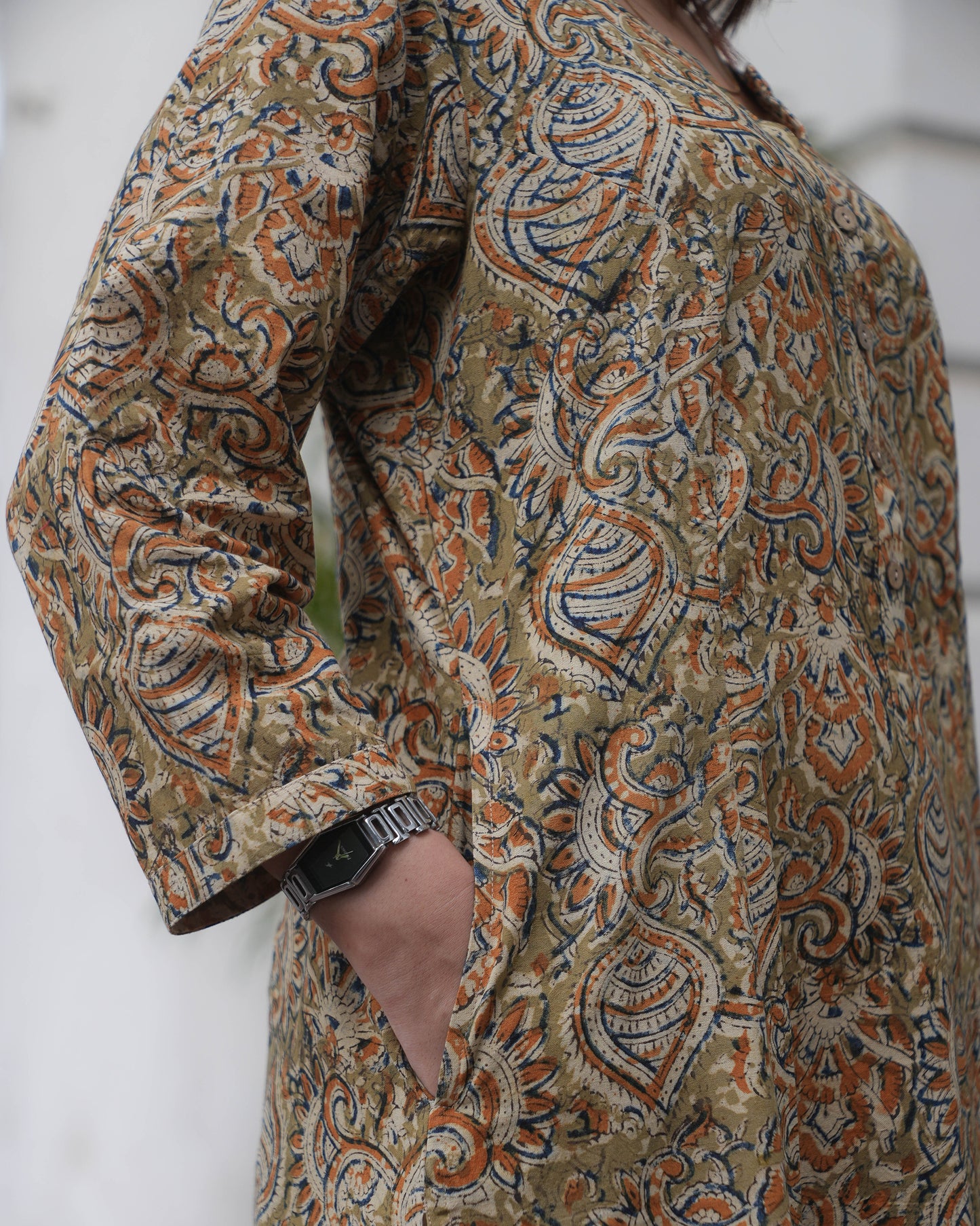 Earthy Kalamkari Handblock Cotton Kurta – A-Line Fit