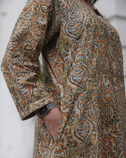 Earthy Kalamkari Handblock Cotton Kurta – A-Line Fit