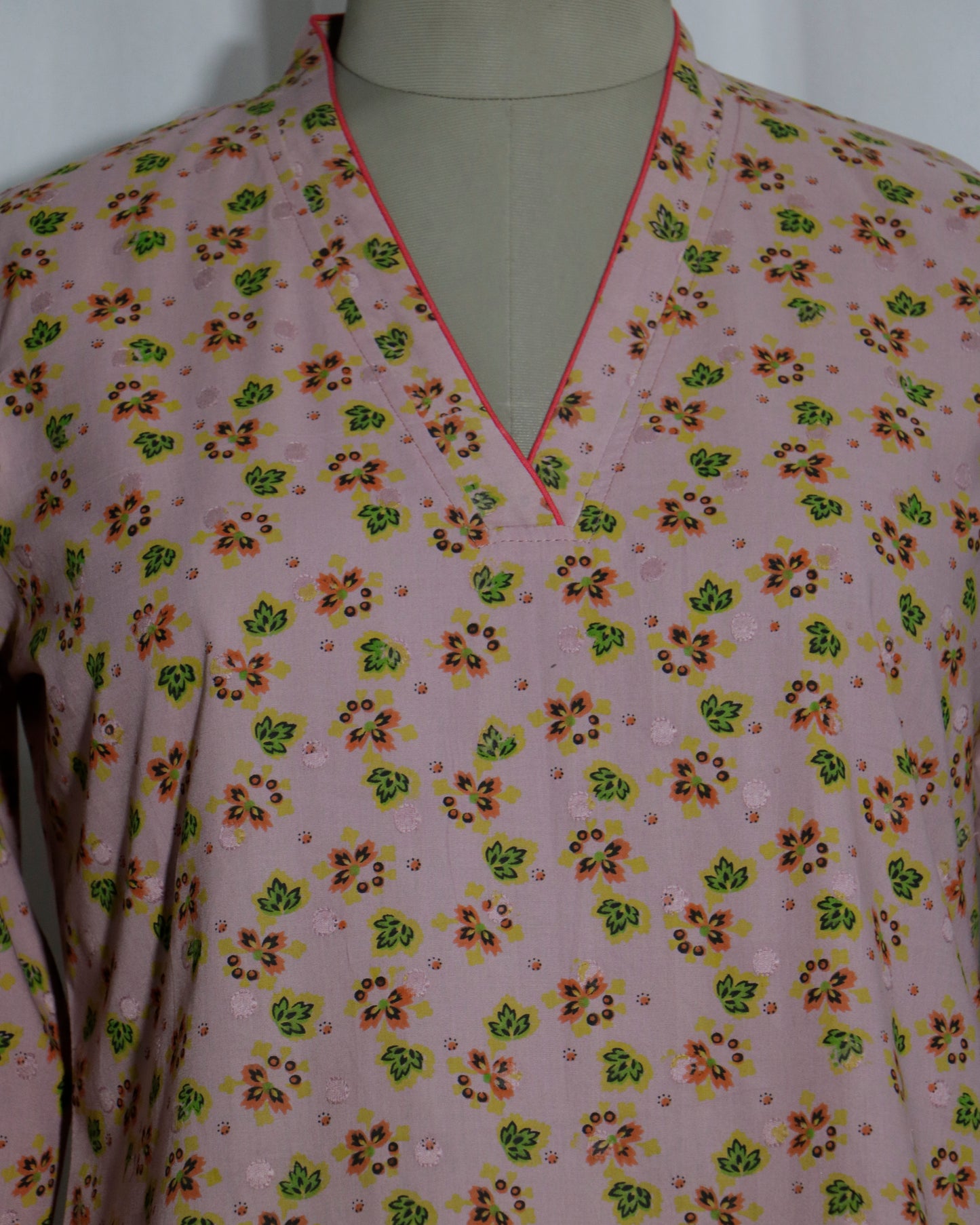Pink Floral Handblock Printed Cotton Kurta – V Neck, 3/4 Sleeves