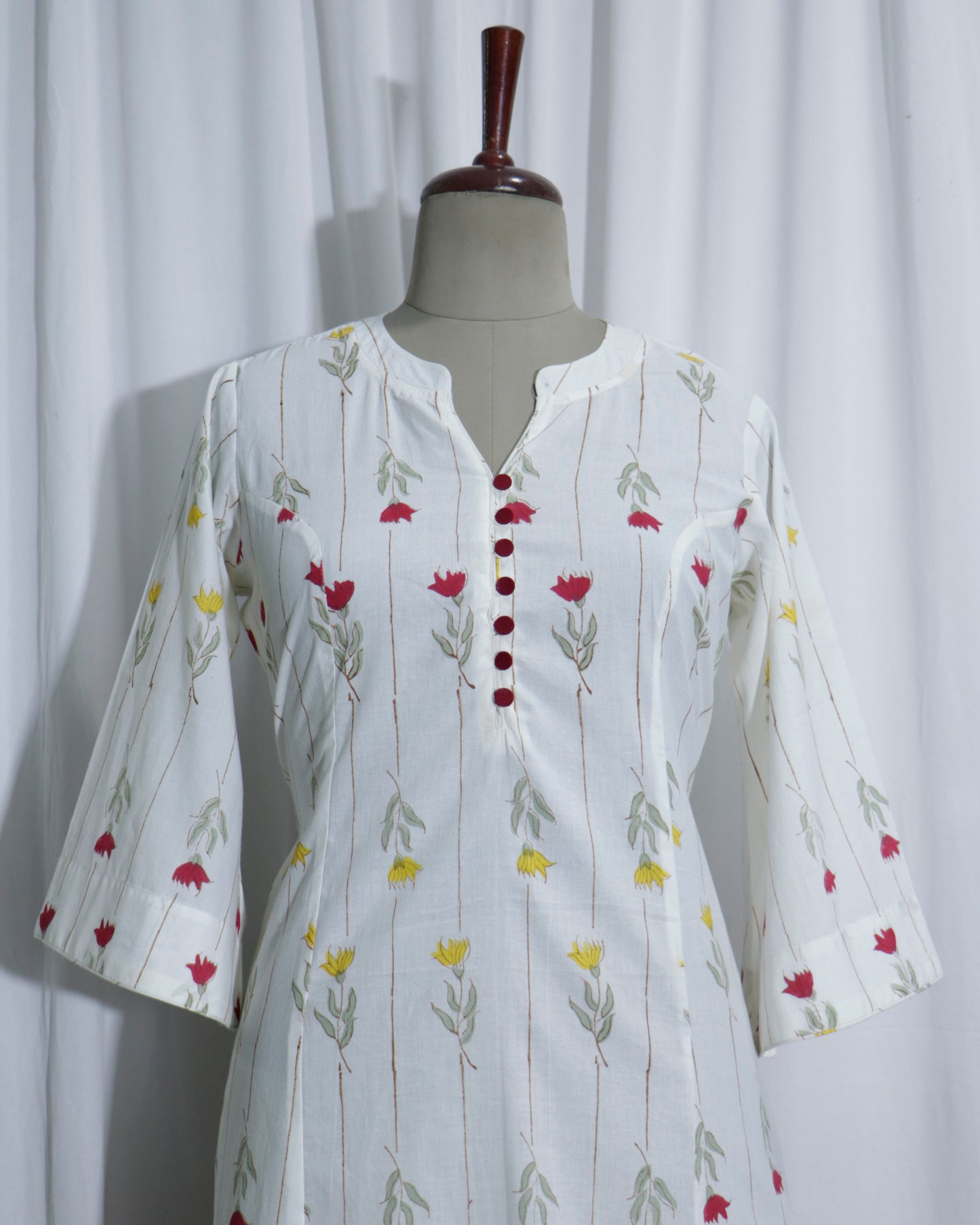White Jaipuri Handprinted Cotton Dress with Rose Print & Potli Button Detailing