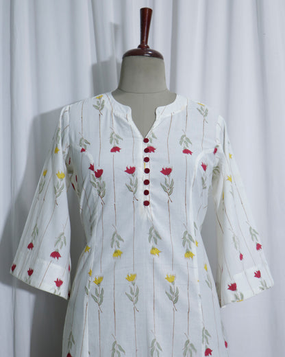 White Jaipuri Handprinted Cotton Dress with Rose Print & Potli Button Detailing