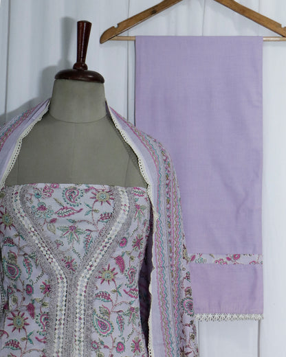 Qureshia Lace Printed cotton 3 piece suit set with mul-mul dupatta