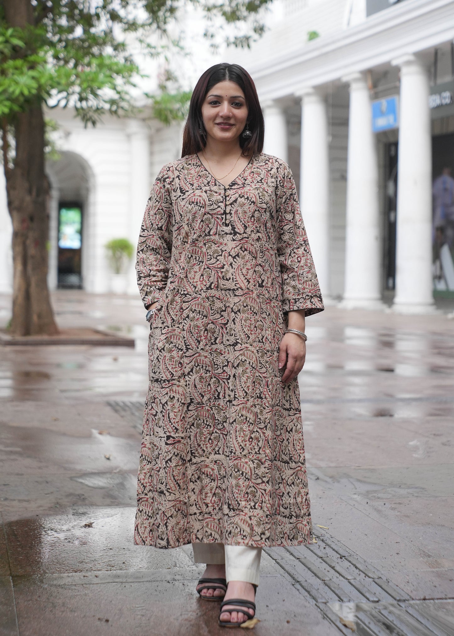 Handblock Kalamkari A-Line Cotton Kurta with Potli Buttons & Black Piping