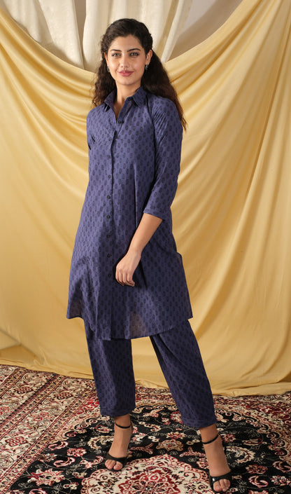Bagh, Handprinted Indigo cotton Co-ord set, with front open shirt & straight fit pant