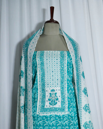 Printed Sea green Cotton suit set with Hand detailing on Neck Yoke