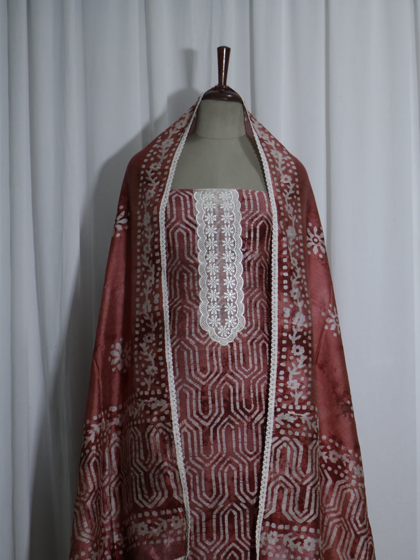 Batik Handprinted Brick colour 3 piece Silk suit set