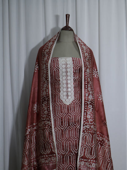 Batik Handprinted Brick colour 3 piece Silk suit set