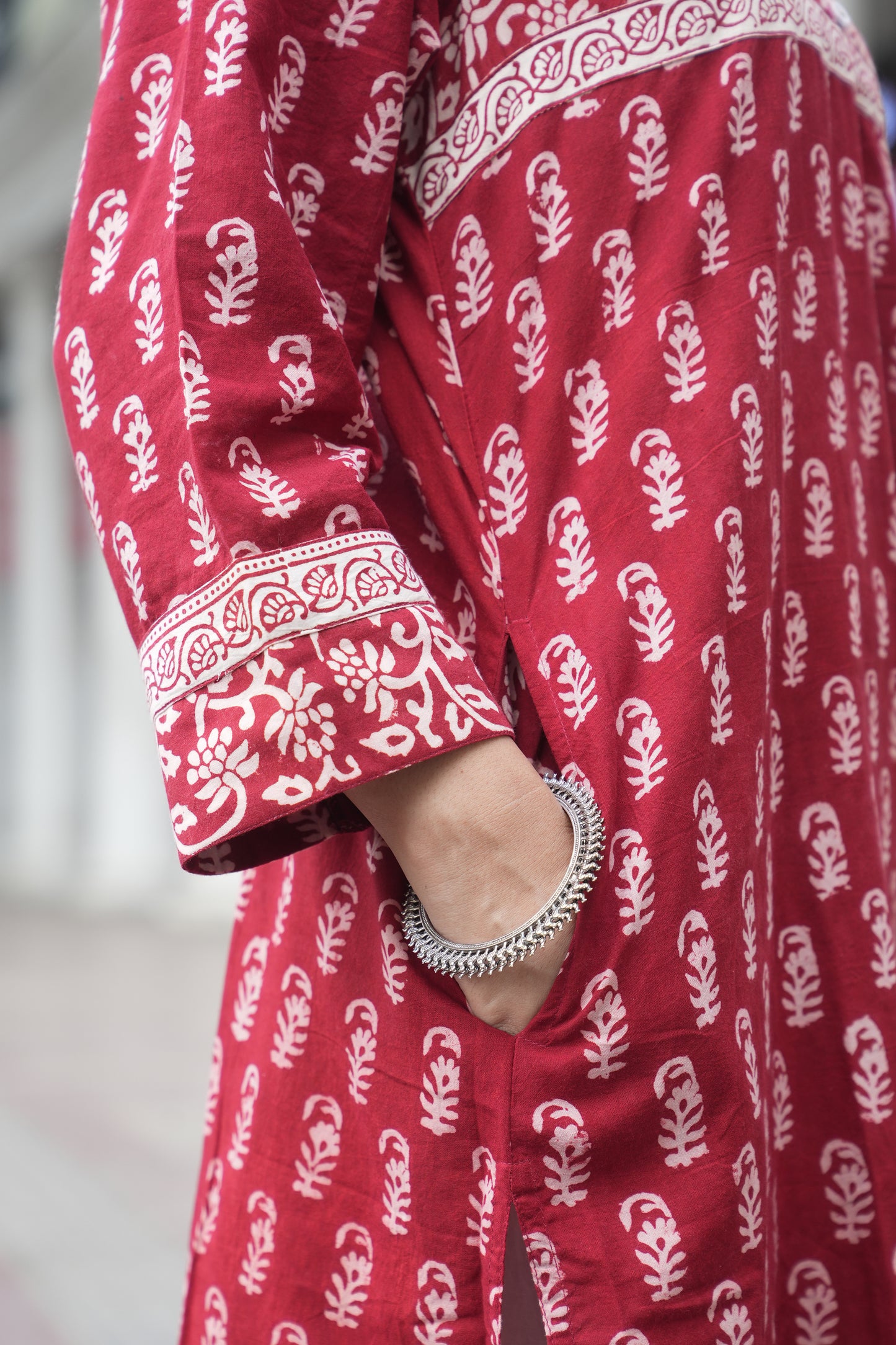 Maroon Bagh Hand Block Printed Straight Cotton Kurta for Women