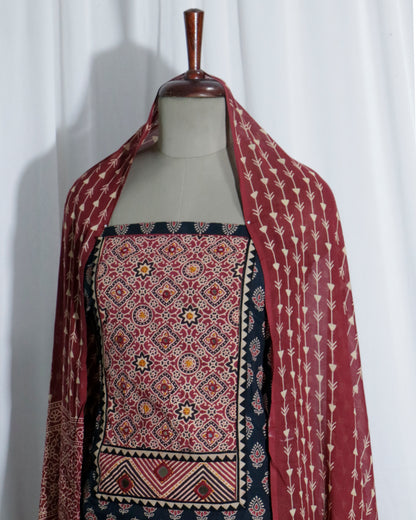 Mirror worked Ajrakh Handprinted Maroon & Black cotton Suit set with mul-mul dupatta