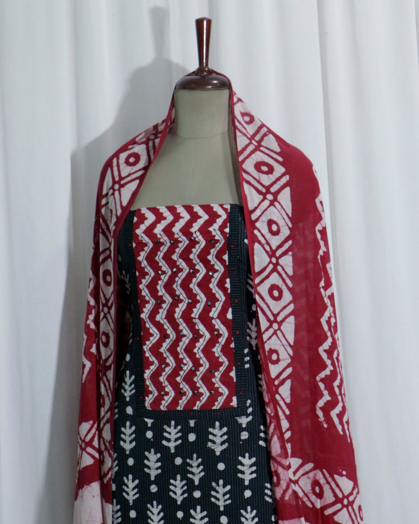 Batik Handprinted Kantha Stitched 3 piece suit set