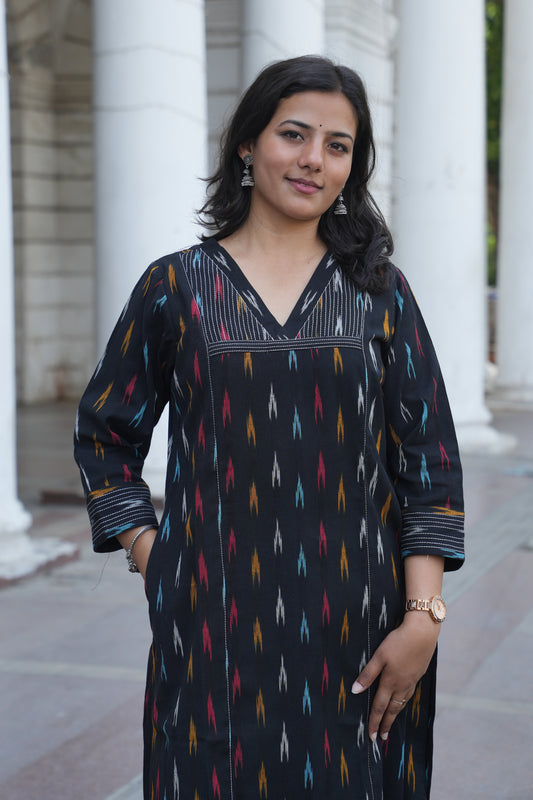 Black Handloom Ikat Cotton Kurta