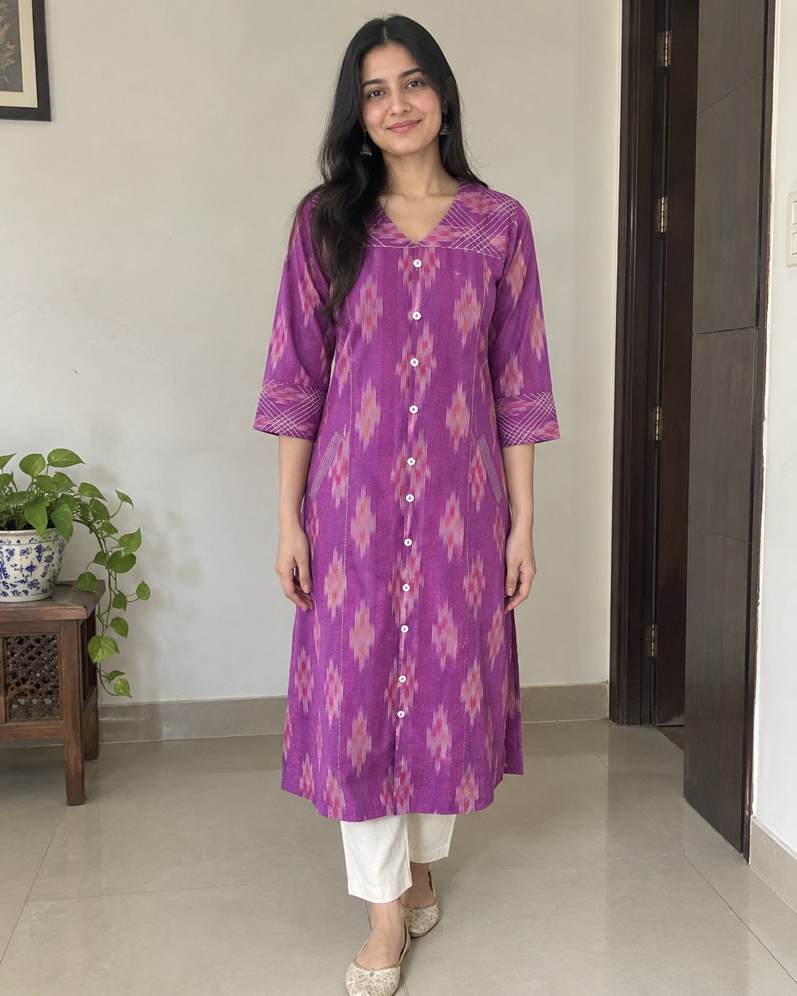 Purple Handloom Ikat Cotton Kurta with V-Neck & Contrast Stitch Detailing