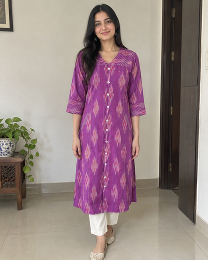 Purple Handloom Ikat Cotton Kurta with V-Neck & Contrast Stitch Detailing