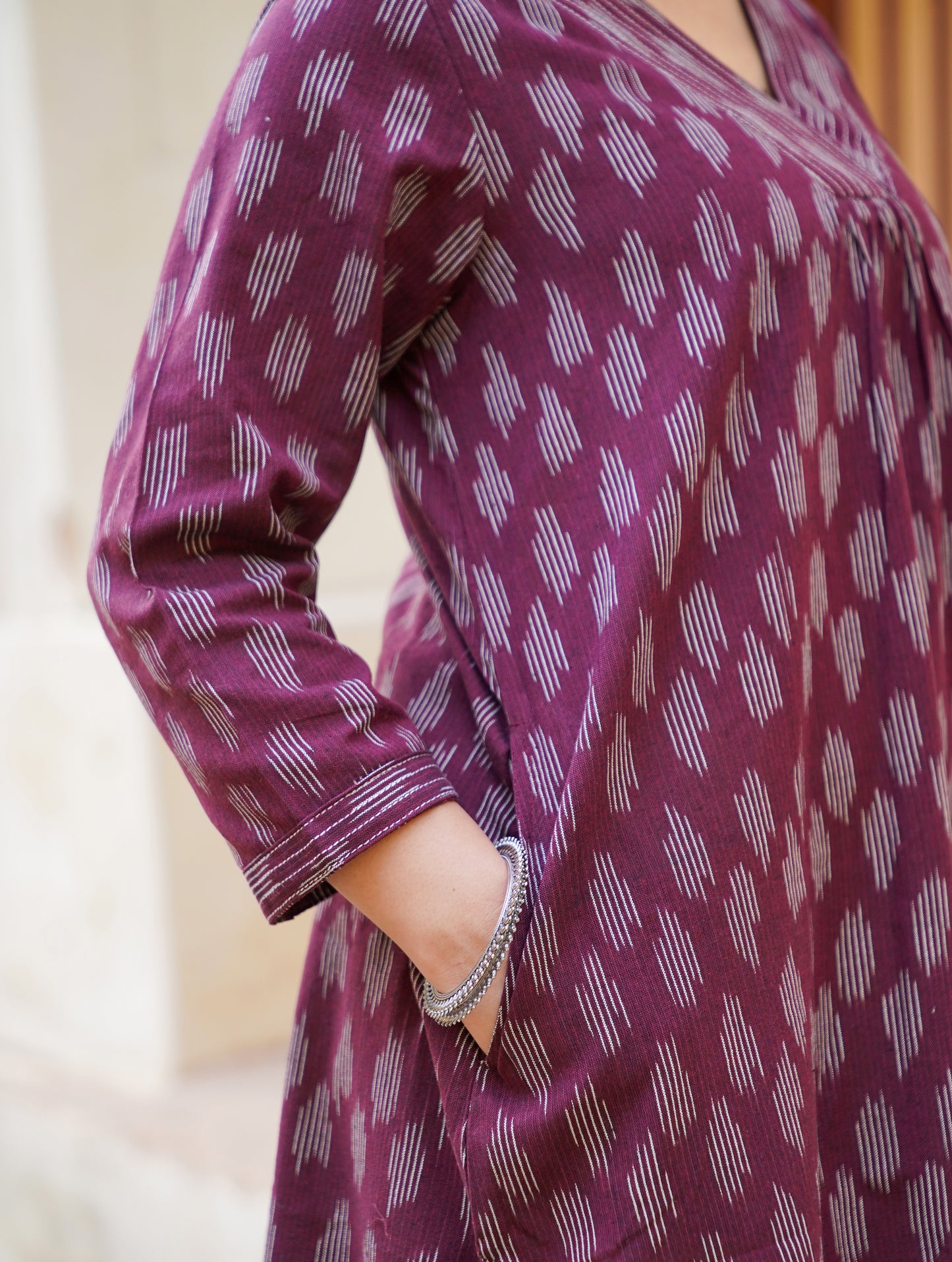 Wine Ikat Handwoven Cotton Kurta with Bell Sleeves