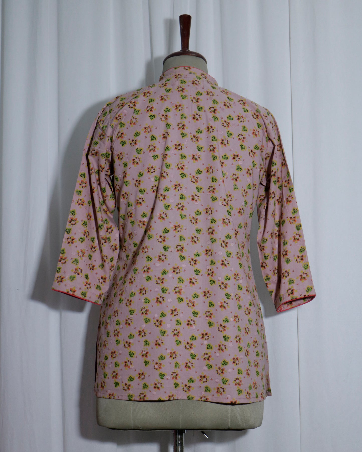 Pink Floral Handblock Printed Cotton Kurta – V Neck, 3/4 Sleeves