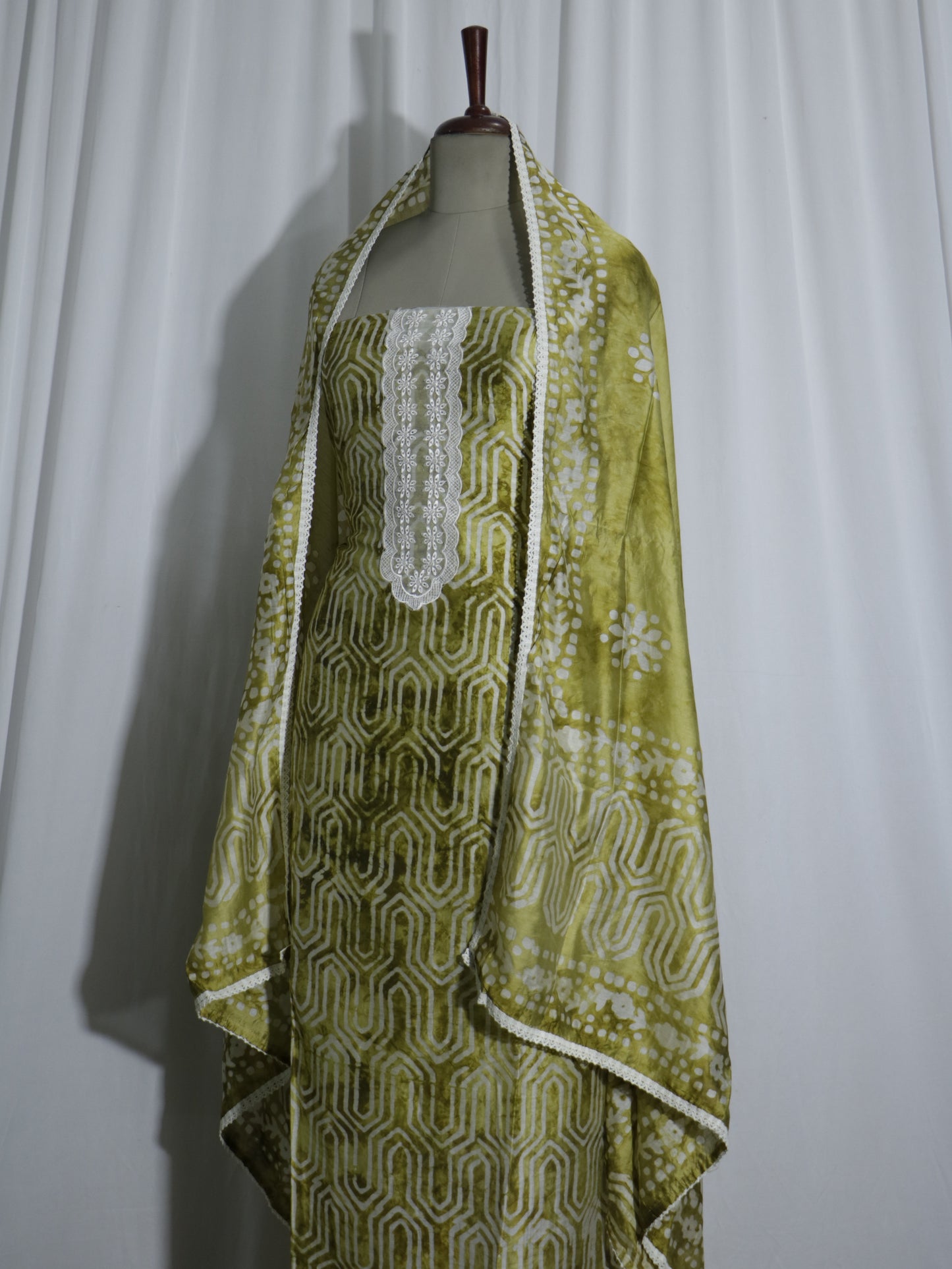 Batik Handprinted Green colour 3 piece Silk suit set