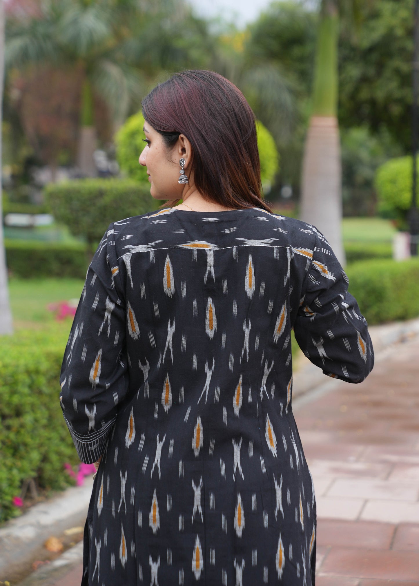 Black Handloom Ikat A-Line Kurta with Round V Neck & Loop Buttons