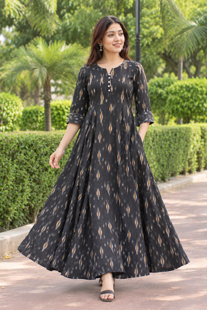Black Handloom Ikat Flared Cotton Dress