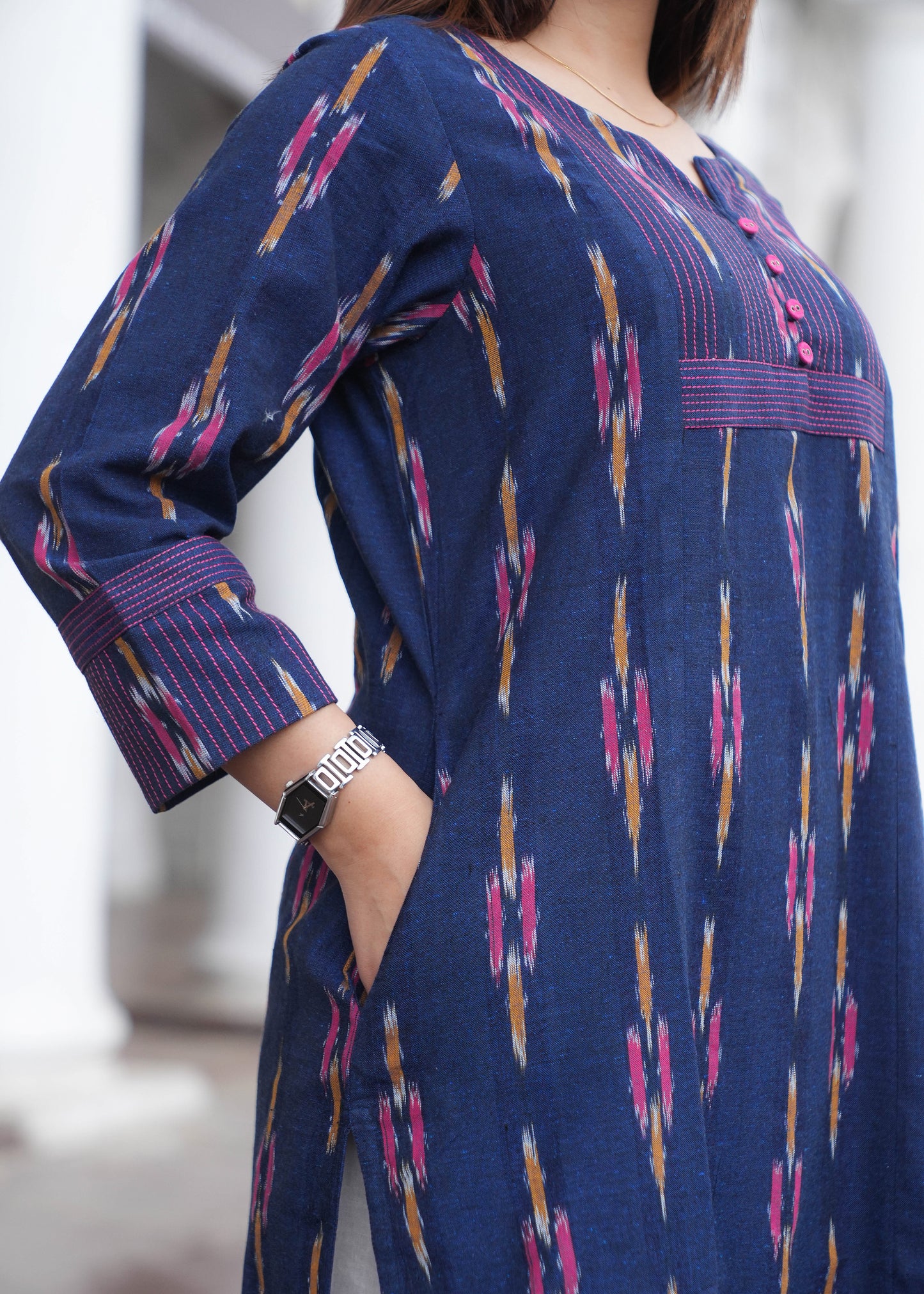 Indigo Handloom Ikat A-Line Kurta with Button Neck & Side Pockets