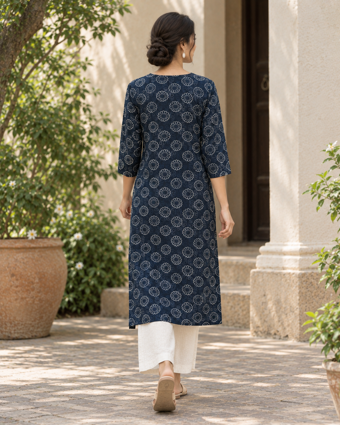 Navy Blue Floral Dabu Hand Block Printed Cotton Straight Kurta